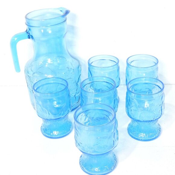 Cool Retro Drinkware Vtg Empoli Italy Sky Blue Large Glass Pitcher + 6 glasses - Picture 7 of 7